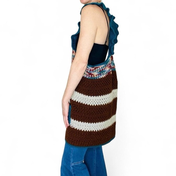 Vintage Handmade Brown & Teal Stripe Ruffle Crochet Hippie Long Sweater Vest - Picture 3 of 7